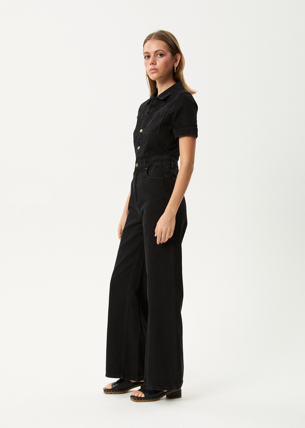 Afends Miami - Denim Flared Jumpsuit Washed Black