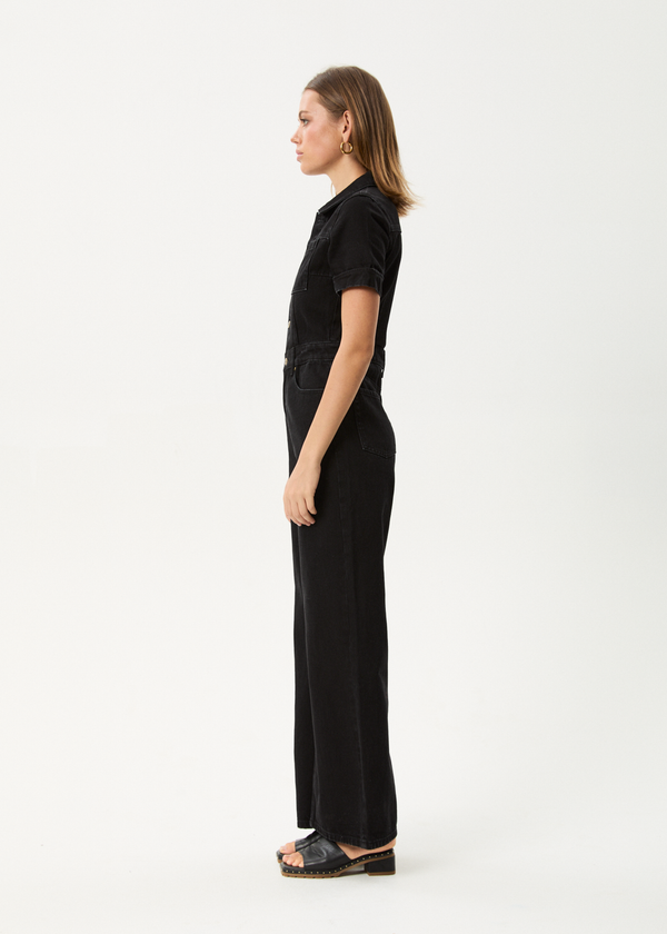 Afends Miami - Denim Flared Jumpsuit Washed Black