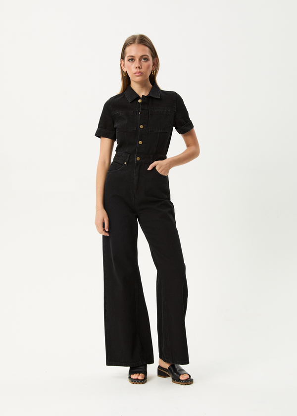 afends Miami - Denim Flared Jumpsuit Washed Black