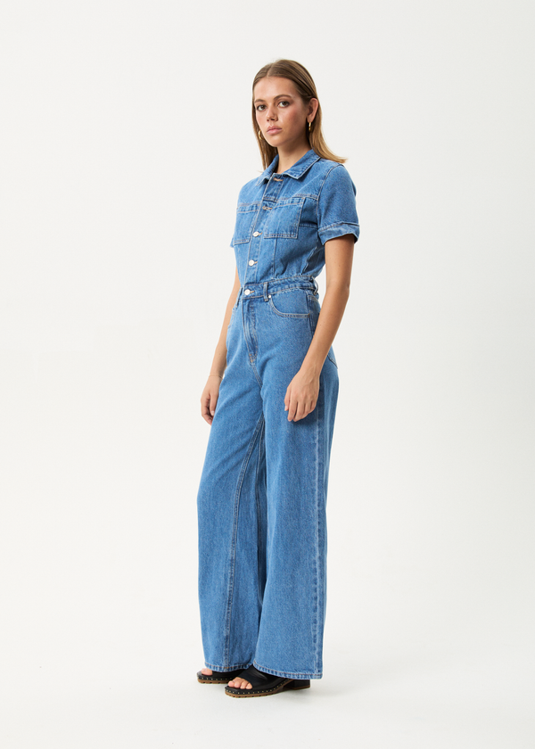 Afends Miami - Denim Flared Jumpsuit Worn Blue
