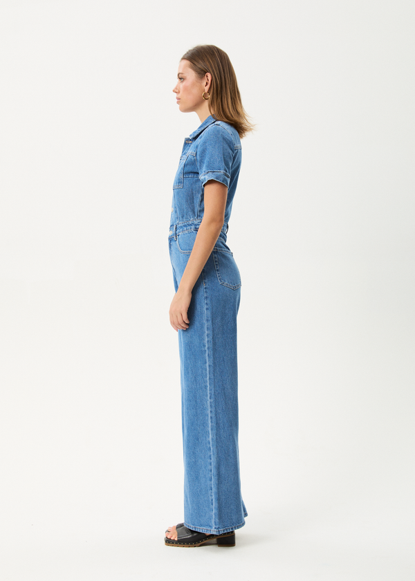 Afends Miami - Denim Flared Jumpsuit Worn Blue