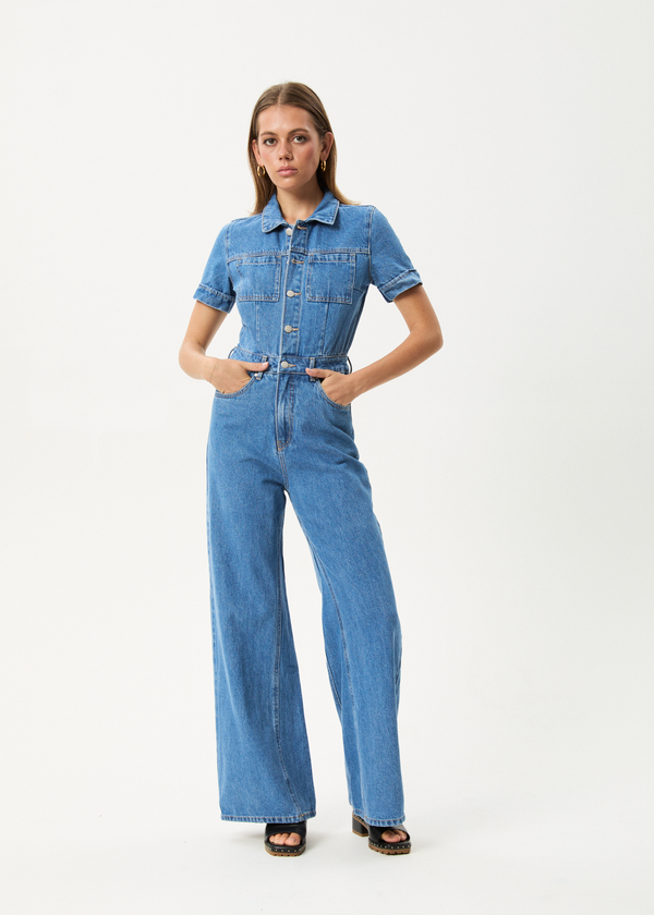 afends Miami - Denim Flared Jumpsuit Worn Blue