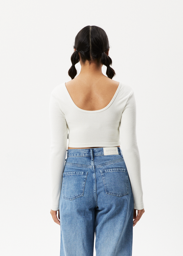 Afends Milla - Rib Long Sleeve Cropped Top Off White
