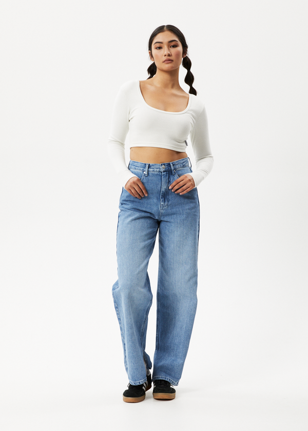Afends Milla - Rib Long Sleeve Cropped Top Off White