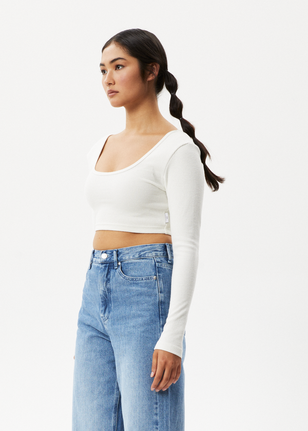 Afends Milla - Rib Long Sleeve Cropped Top Off White