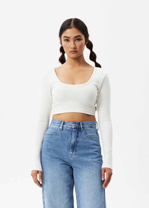 afends Milla - Rib Long Sleeve Cropped Top Off White