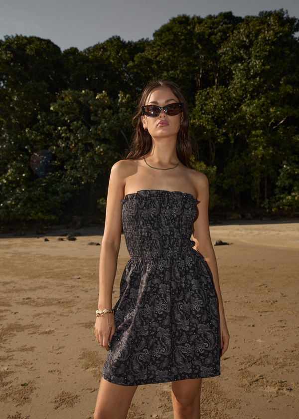 Afends Paisley - Strapless Mini Dress Black