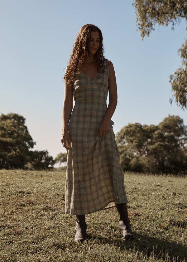 Afends Position - Seersucker Maxi Dress Green Check
