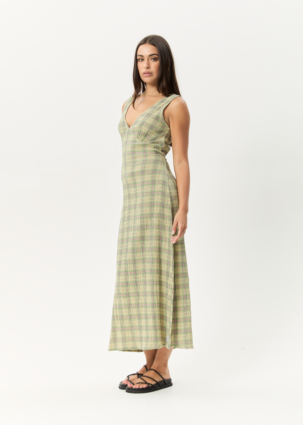Afends Position - Seersucker Maxi Dress Green Check