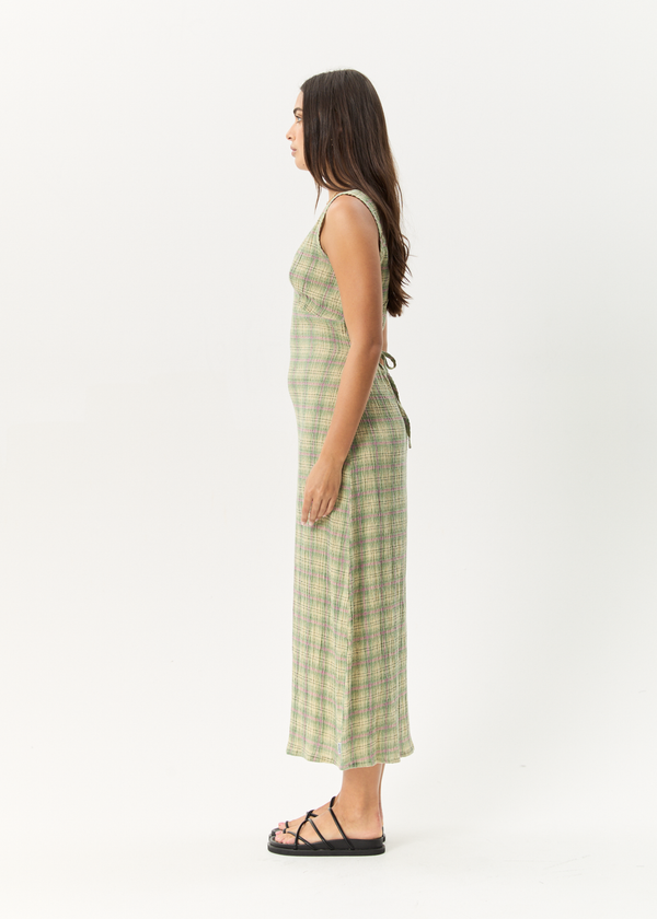 Afends Position - Seersucker Maxi Dress Green Check
