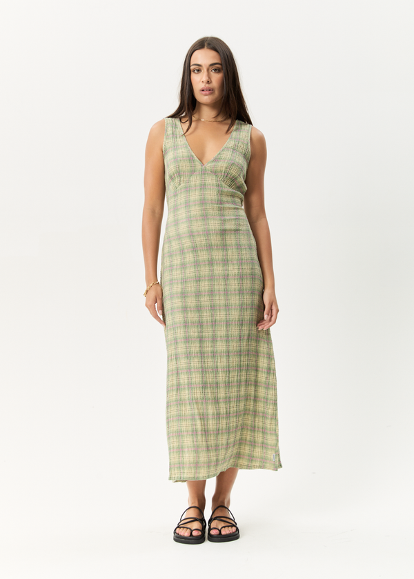 afends Position - Seersucker Maxi Dress Green Check