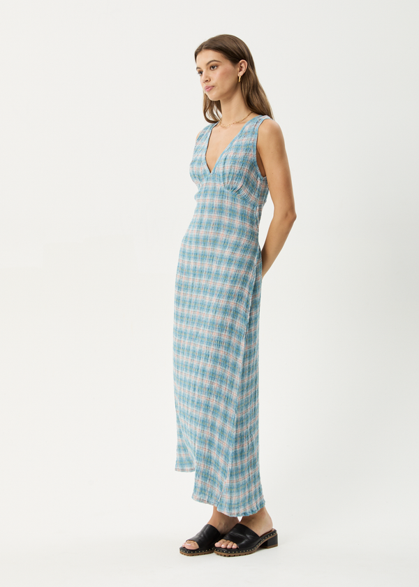Afends Position - Seersucker Maxi Dress Lake Check