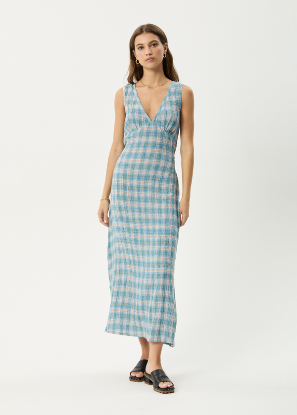 afends Position - Seersucker Maxi Dress Lake Check