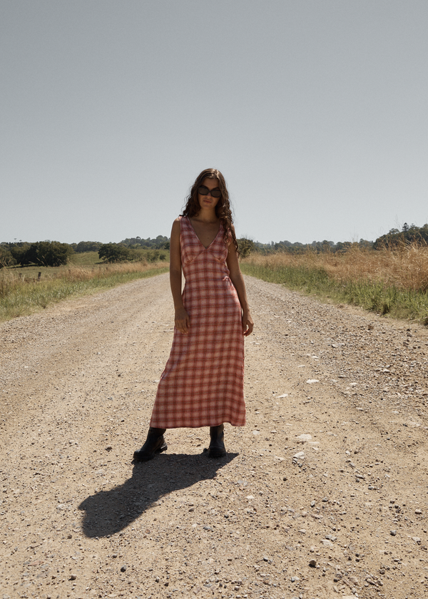 Afends Position - Seersucker Maxi Dress Red Check