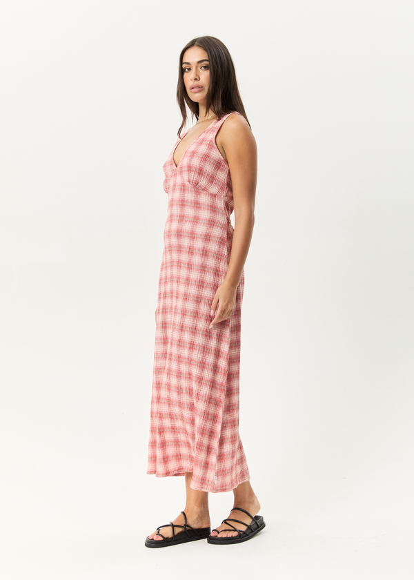 Afends Position - Seersucker Maxi Dress Red Check
