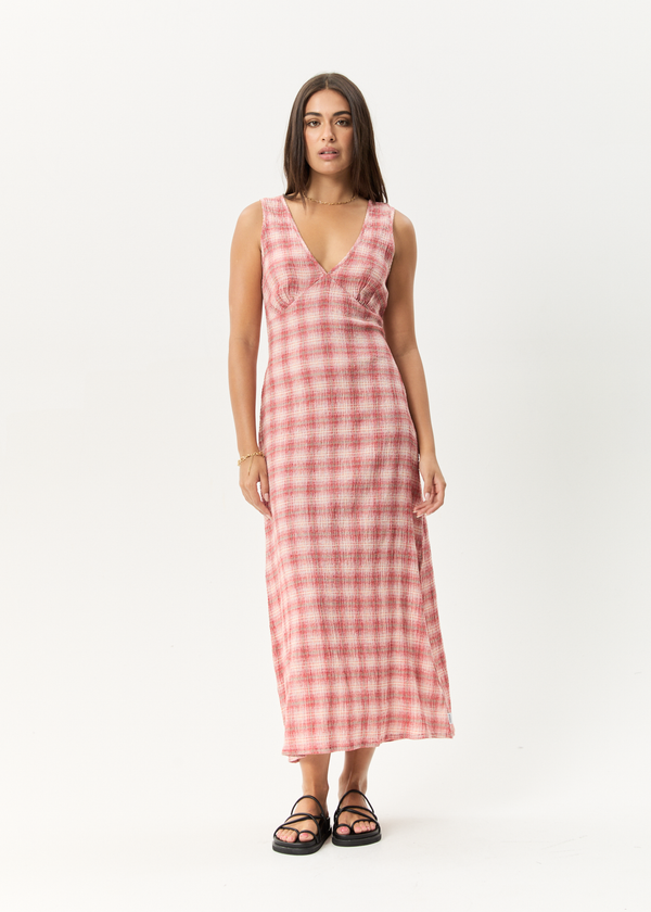 afends Position - Seersucker Maxi Dress Red Check