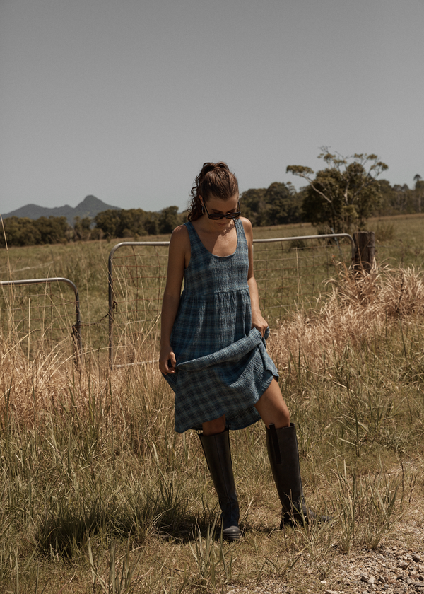 Afends Position - Seersucker Midi Dress Navy Check