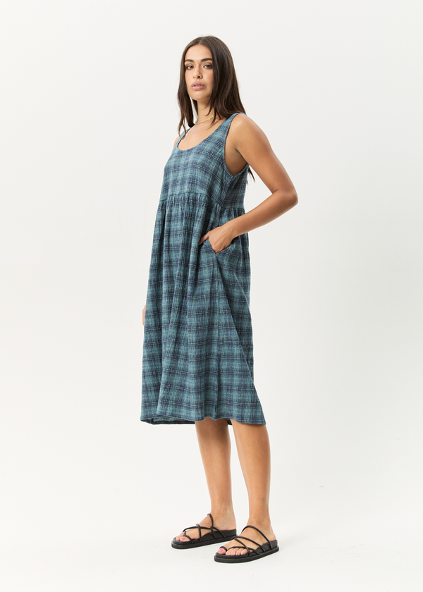 Afends Position - Seersucker Midi Dress Navy Check