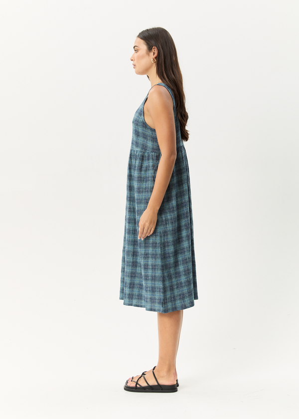 Afends Position - Seersucker Midi Dress Navy Check