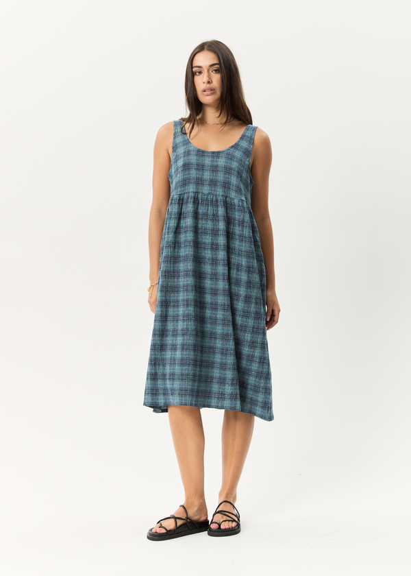afends Position - Seersucker Midi Dress Navy Check