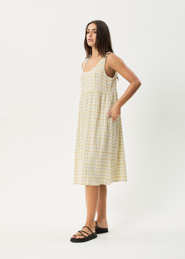 Afends Position - Seersucker Midi Dress Tan Check