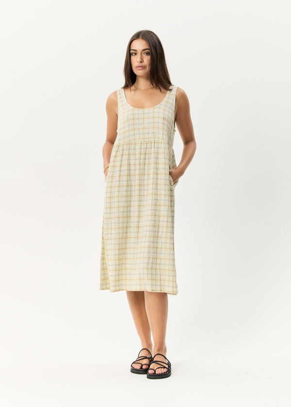 afends Position - Seersucker Midi Dress Tan Check