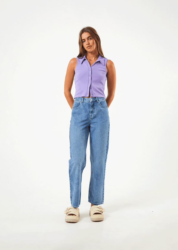 afends Shelby - Denim Wide Leg Jean Long Worn Blue