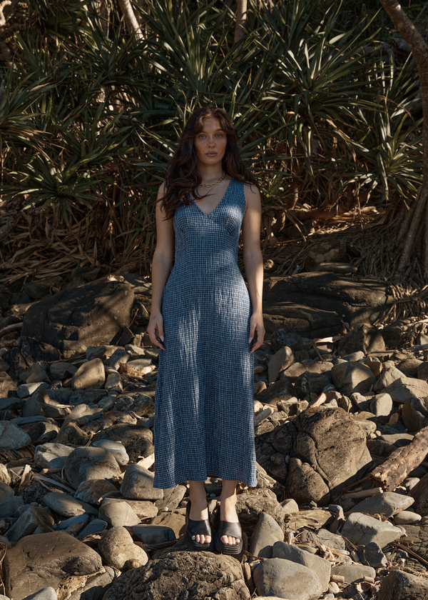 Afends Shipwreck - Seersucker Maxi Dress Marlin