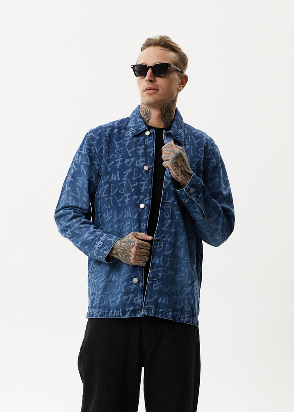Afends Tagged - Unisex Denim Jacket Graffiti Blue