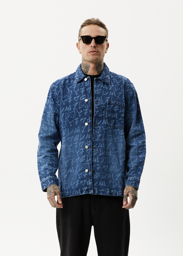 afends Tagged - Unisex Denim Jacket Graffiti Blue
