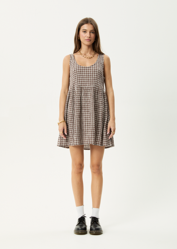 Afends Base Jesse - Seersucker Mini Dress Coffee Check