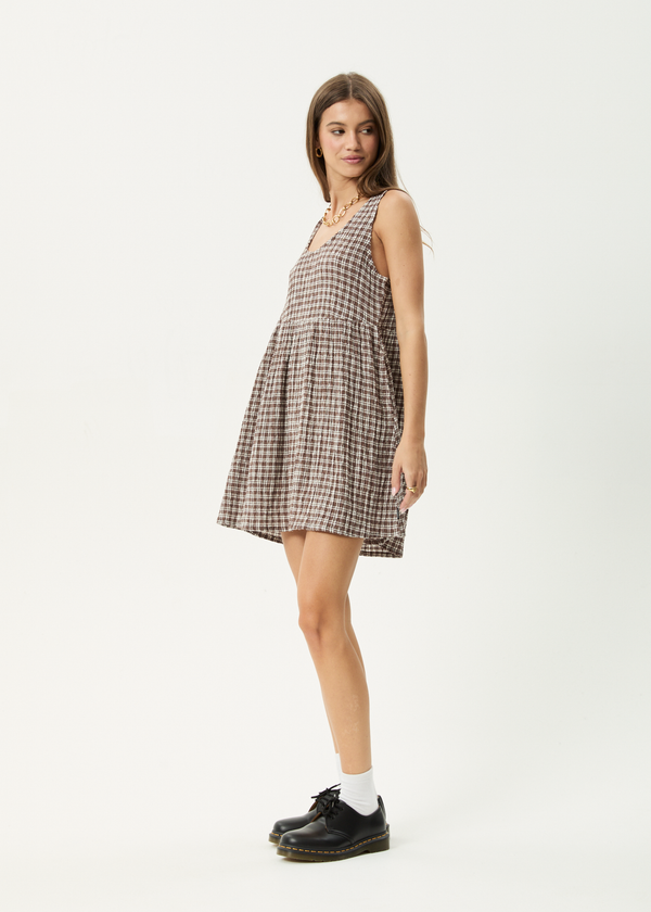 Afends Base Jesse - Seersucker Mini Dress Coffee Check