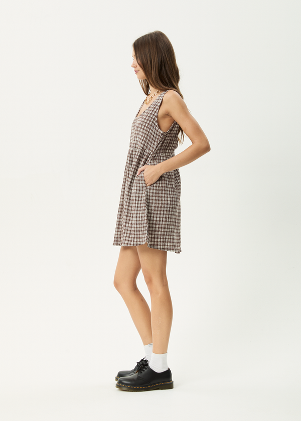 Afends Base Jesse - Seersucker Mini Dress Coffee Check