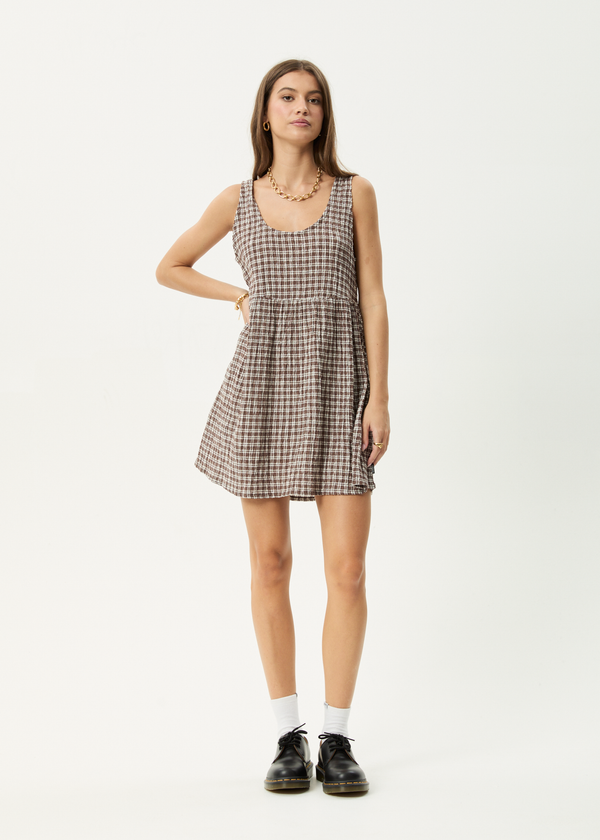 afends Base Jesse - Seersucker Mini Dress Coffee Check