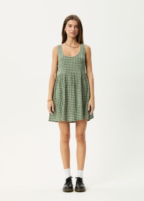 Afends Base Jesse - Seersucker Mini Dress Deep Green Check