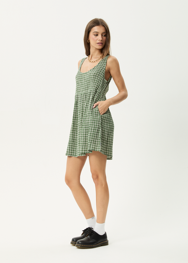 Afends Base Jesse - Seersucker Mini Dress Deep Green Check