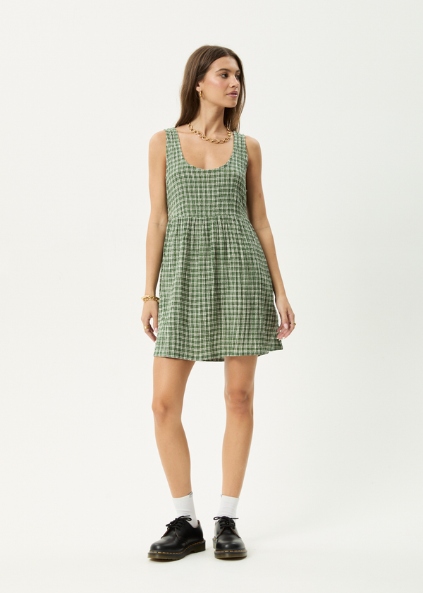 afends Base Jesse - Seersucker Mini Dress Deep Green Check