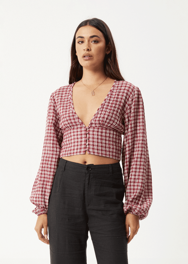 Afends Base - Seersucker Long Sleeve Top Burgundy Check