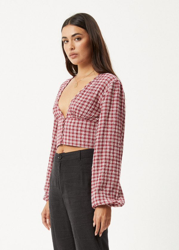 Afends Base - Seersucker Long Sleeve Top Burgundy Check