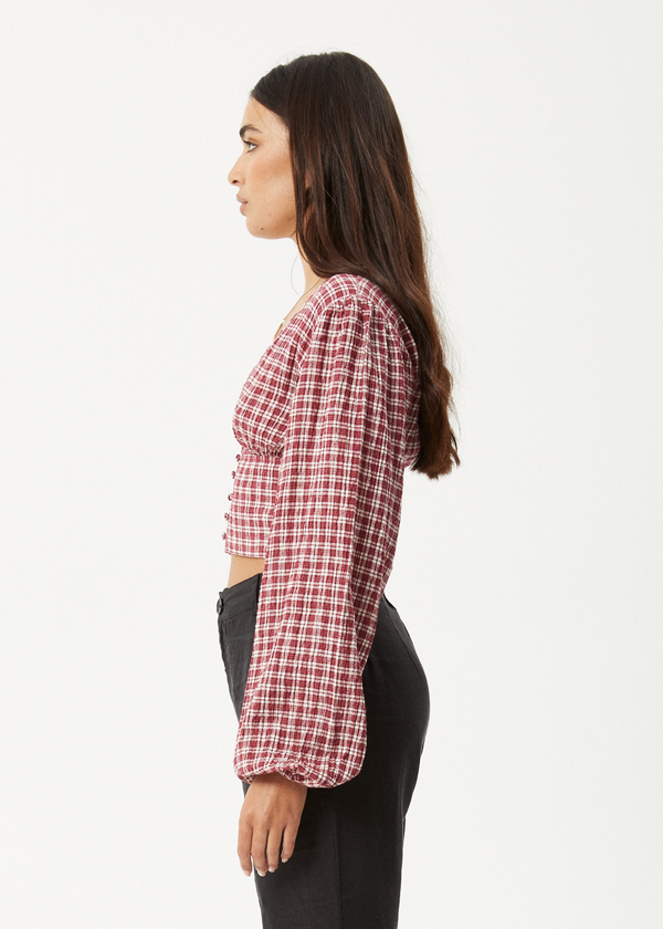Afends Base - Seersucker Long Sleeve Top Burgundy Check