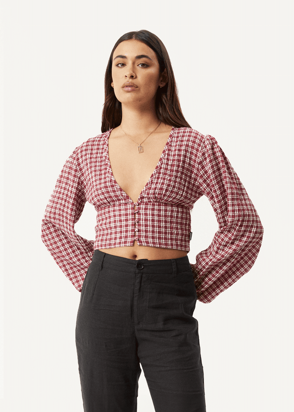 afends Base - Seersucker Long Sleeve Top Burgundy Check
