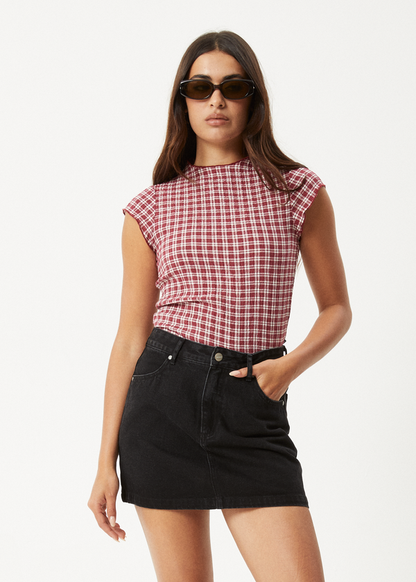 Afends Base - Seersucker Mock Neck Top Burgundy Check
