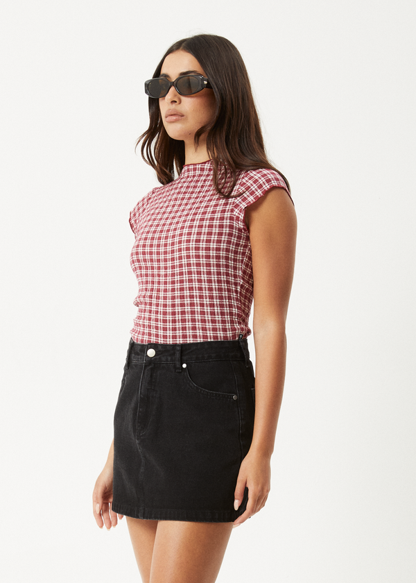 Afends Base - Seersucker Mock Neck Top Burgundy Check