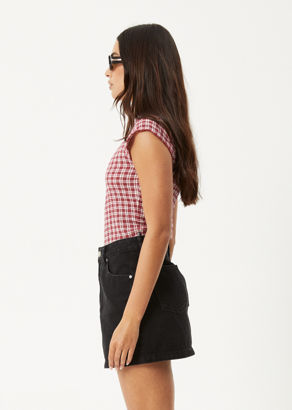 Afends Base - Seersucker Mock Neck Top Burgundy Check