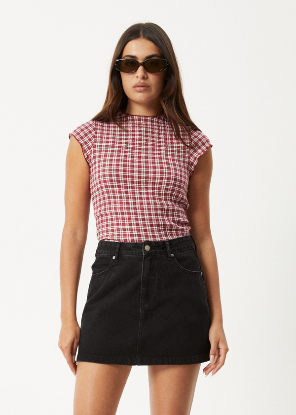 afends Base - Seersucker Mock Neck Top Burgundy Check