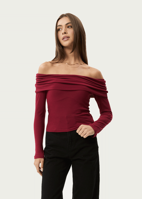 Afends Beckett - Off-Shoulder Long Sleeve Top Burgundy