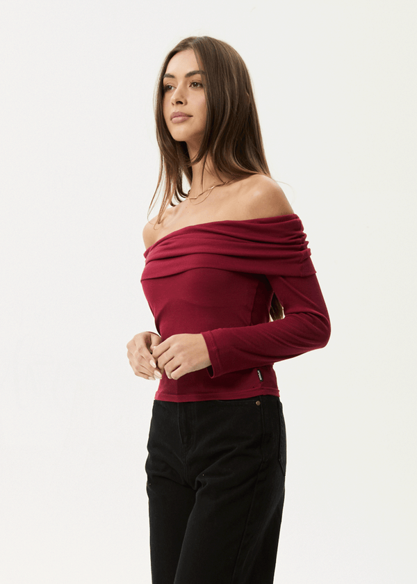 Afends Beckett - Off-Shoulder Long Sleeve Top Burgundy