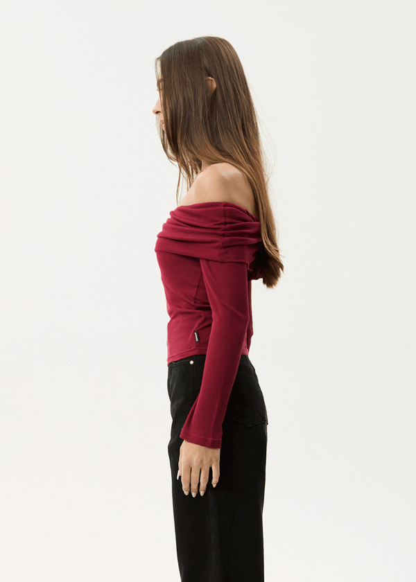 Afends Beckett - Off-Shoulder Long Sleeve Top Burgundy