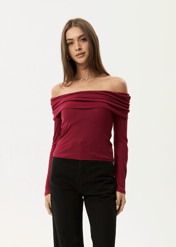 afends Beckett - Off-Shoulder Long Sleeve Top Burgundy