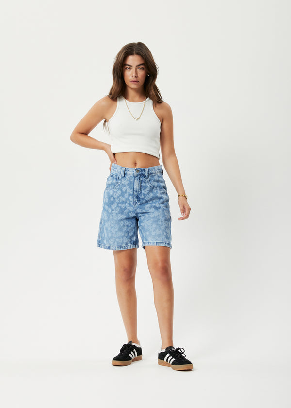 afends Fink Emilie - Denim Workwear Short Worn Blue Daisy